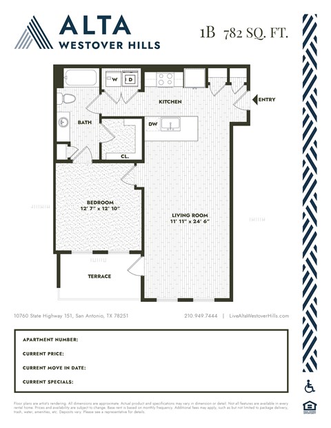 Floor plan for 1 bed, 1 bath, 790 sqft
